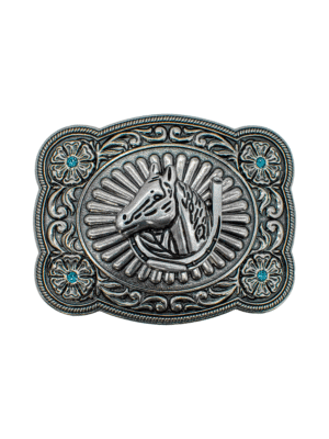 HEBILLA CON CABALLO CON HERRADURA Y PUNTOS AZULES