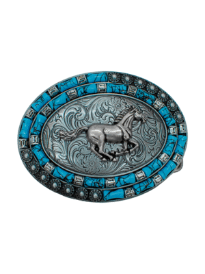HEBILLA CON FORMA DE CABALLO Y PIEDRAS AZULES PARA DAMA