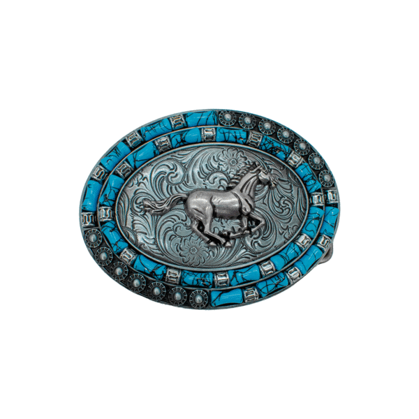 HEBILLA CON FORMA DE CABALLO Y PIEDRAS AZULES PARA DAMA