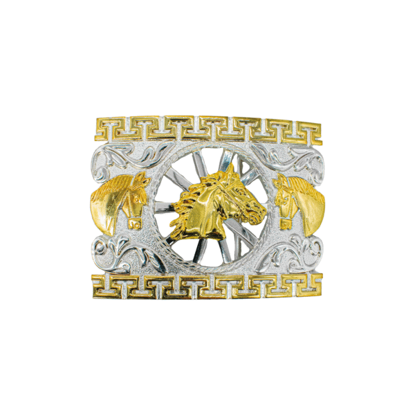 HEBILLA DE FORMA DE CABALLO ENMEDIO Y LATERALES EN COLORES DE ORO CON PLATA