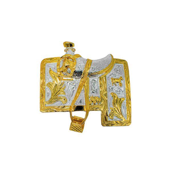 HEBILLA CON FORMA DE MONTURA EN COLORES ORO Y PLATA