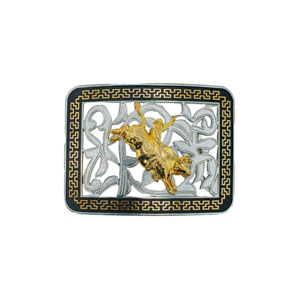 HEBILLA TLAXCA EN FORMA DE JINETE Y COLORES NEGRO, ORO Y PLATA