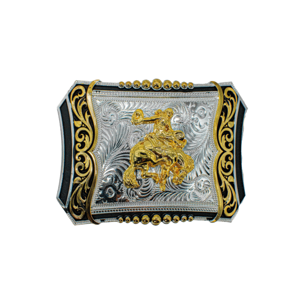 HEBILLA CON FORMA DE JINETE EN MEDIO DE COLOR DORADO