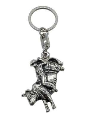 LLAVERO DE METAL CON UN TORO Y JINETE