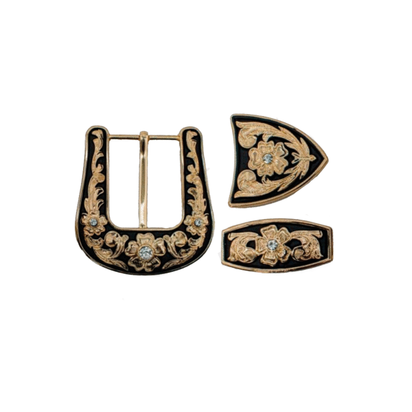 HEBILLA DE TRES PIEZAS CON FLORES BLANCAS Y PIEDRAS