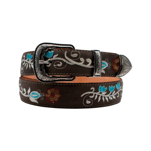 Cinturón Vaquero Bordado con Flor Azul