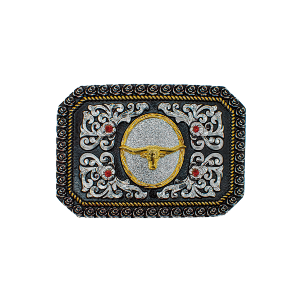 HEBILLA CON PIEDRAS ROJAS Y UN TORO EN MEDIO