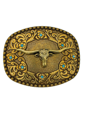 HEBILLA DE TORO EN COLOR ORO Y PUNTOS AZULES