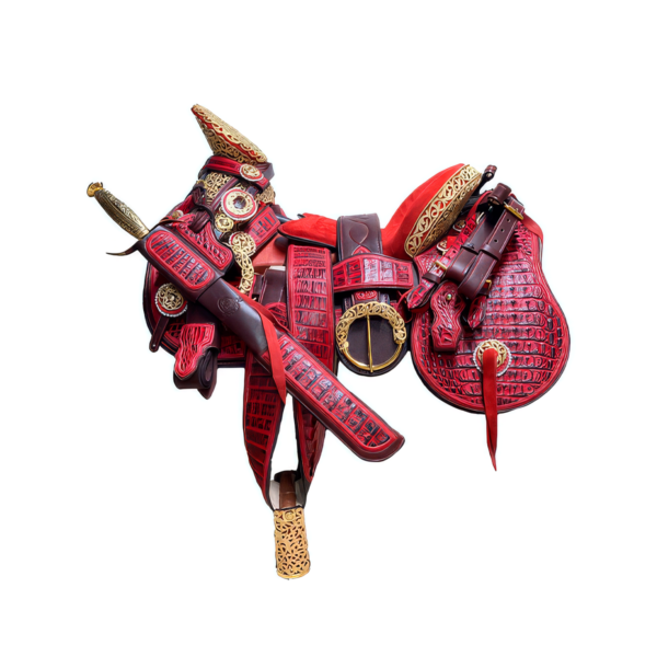 HERRAJE DE ORO Montura Cola de Pato con Cantinas Genuina Cocodrilo Herradura de Oro